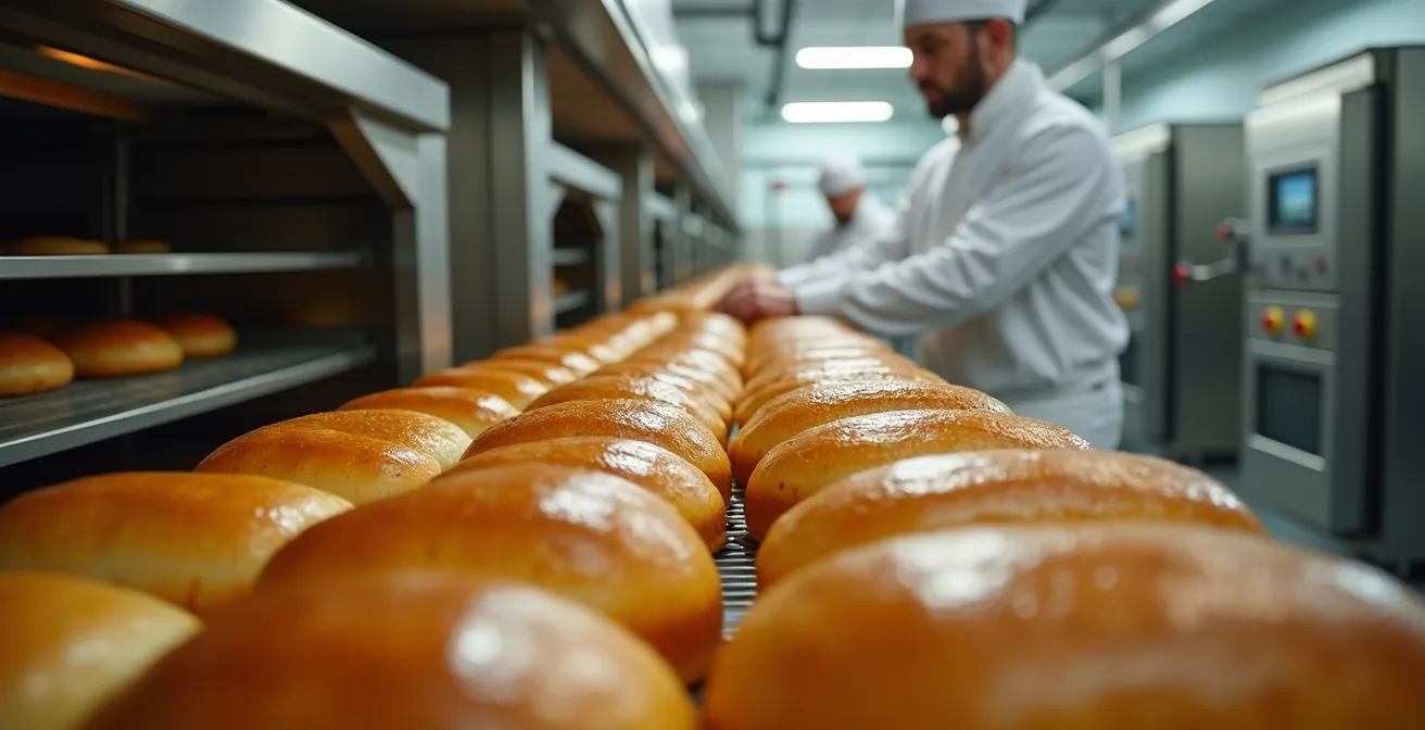 Chef d'équipe supervisant la production de brioches dorées sur une ligne de fabrication automatisée