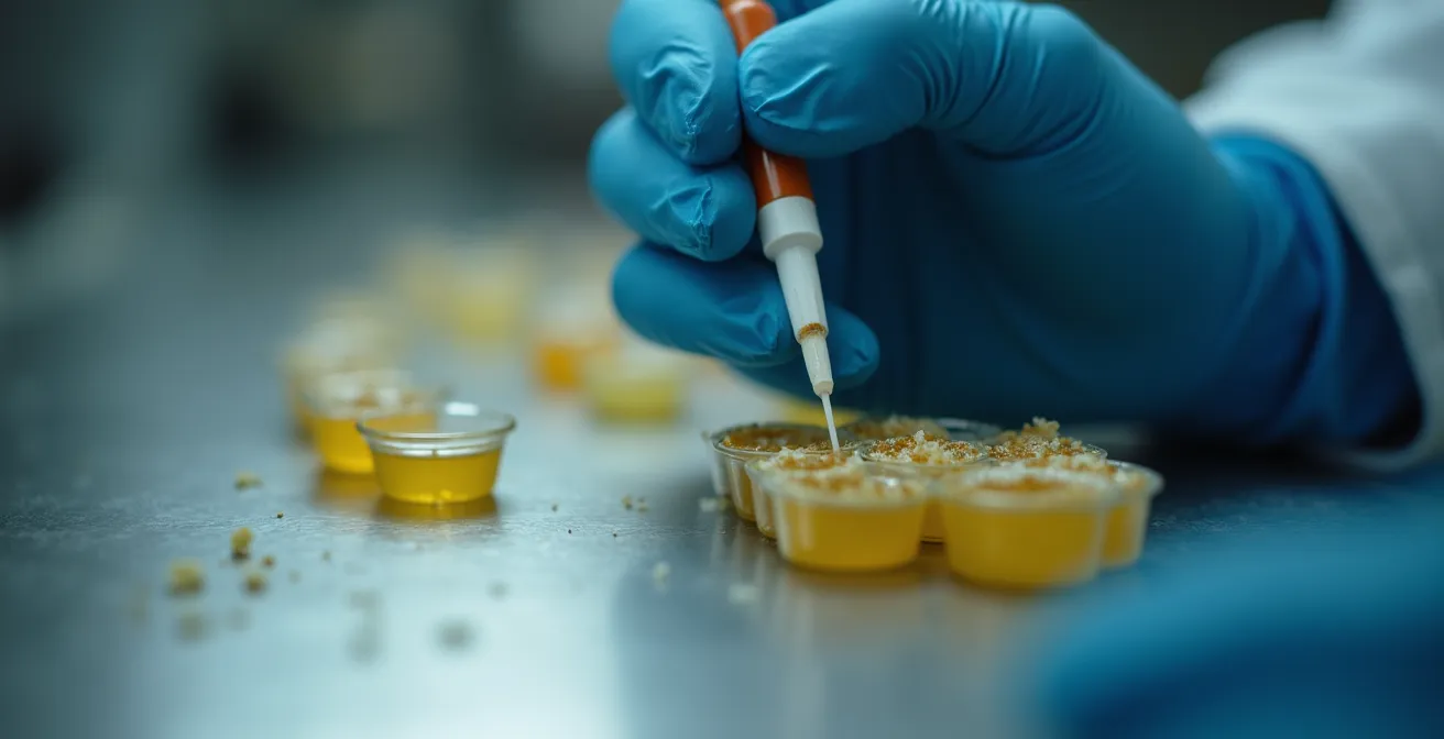 Gros plan sur une main tenant une pipette déposant un échantillon sur une chaîne alimentaire en acier inoxydable