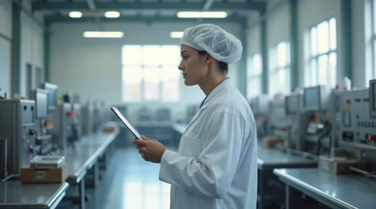 Travailleuse en blouse blanche dans une usine agroalimentaire moderne en Vendée, lumière naturelle, ambiance industrielle propre sans texte ni logo visible
