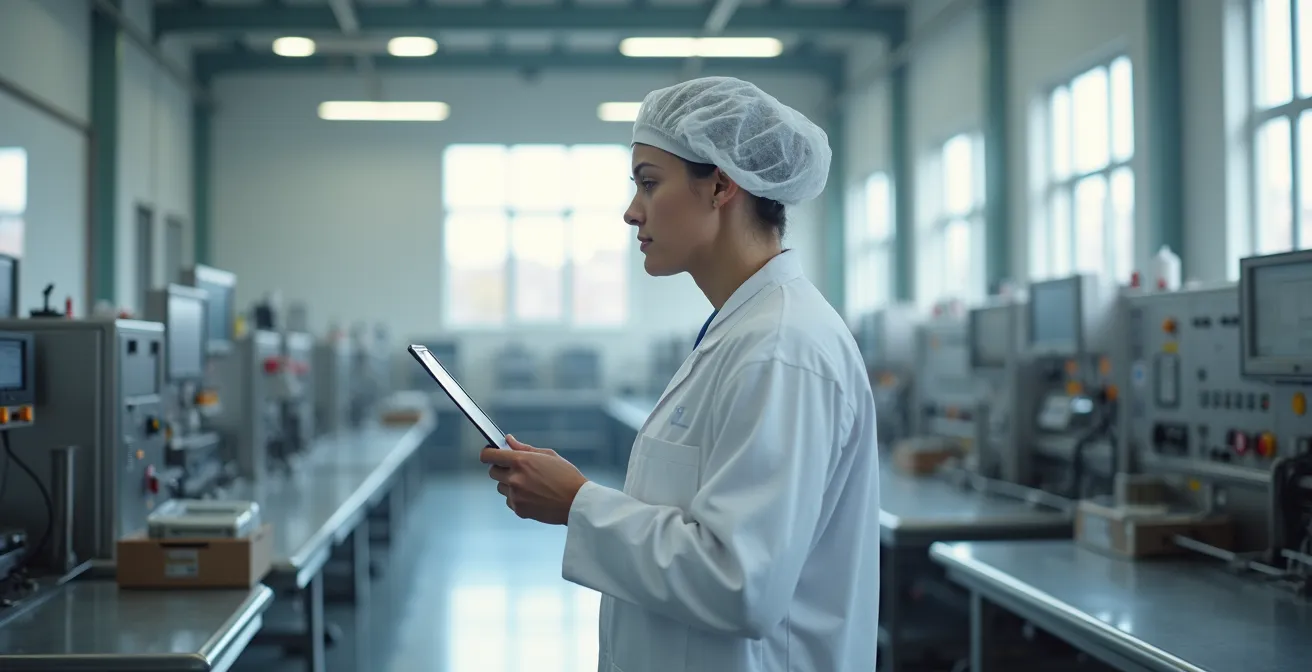 Travailleuse en blouse blanche dans une usine agroalimentaire moderne en Vendée, lumière naturelle, ambiance industrielle propre sans texte ni logo visible