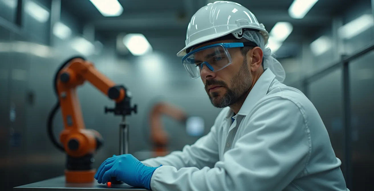 Technicien en tenue de sécurité observant un robot industriel dans une usine alimentaire moderne en Vendée