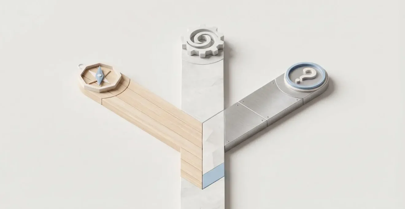 Illustration 3D isométrique de trois chemins distincts menant chacun vers un symbole abstrait : boussole, engrenage et point d'interrogation