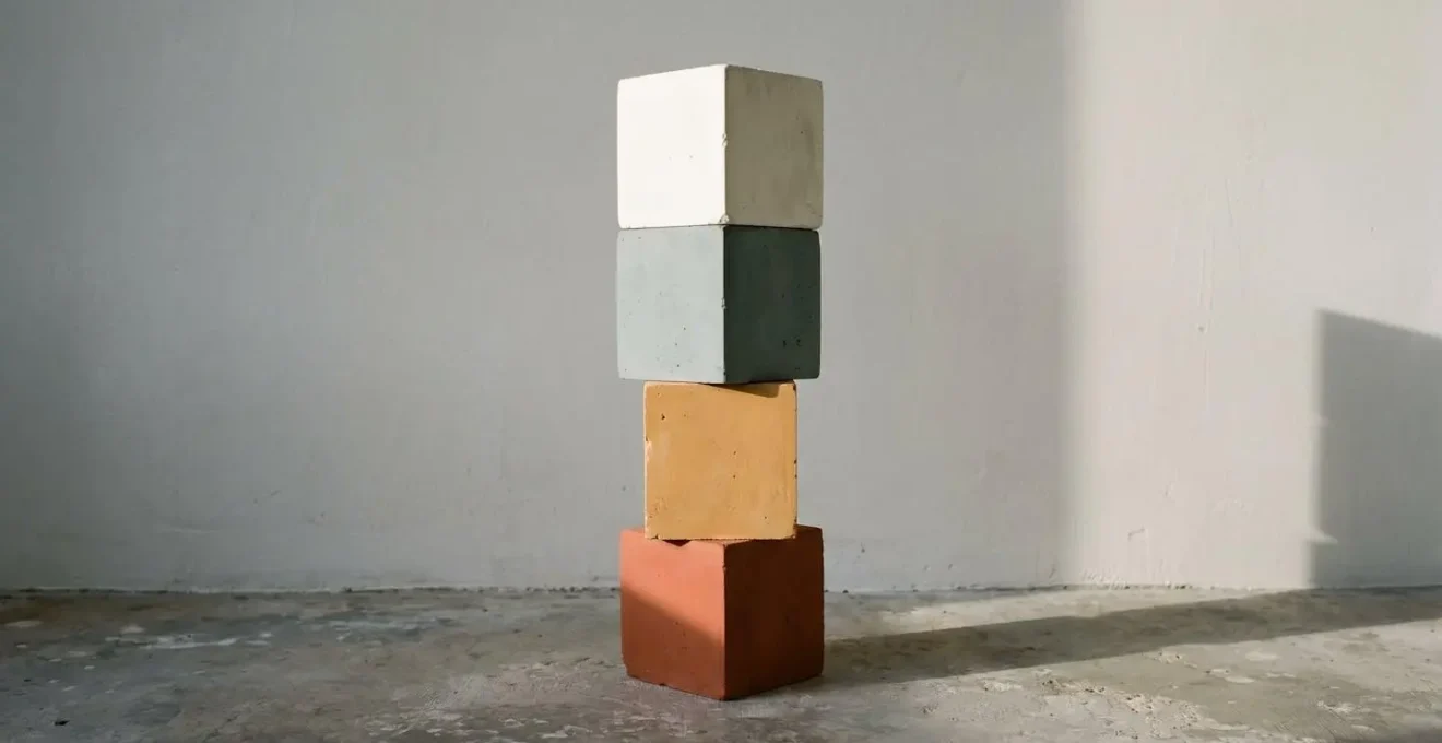 Quatre blocs géométriques empilés verticalement en équilibre, chacun d'une couleur différente, photographiés avec lumière naturelle créant des ombres nettes