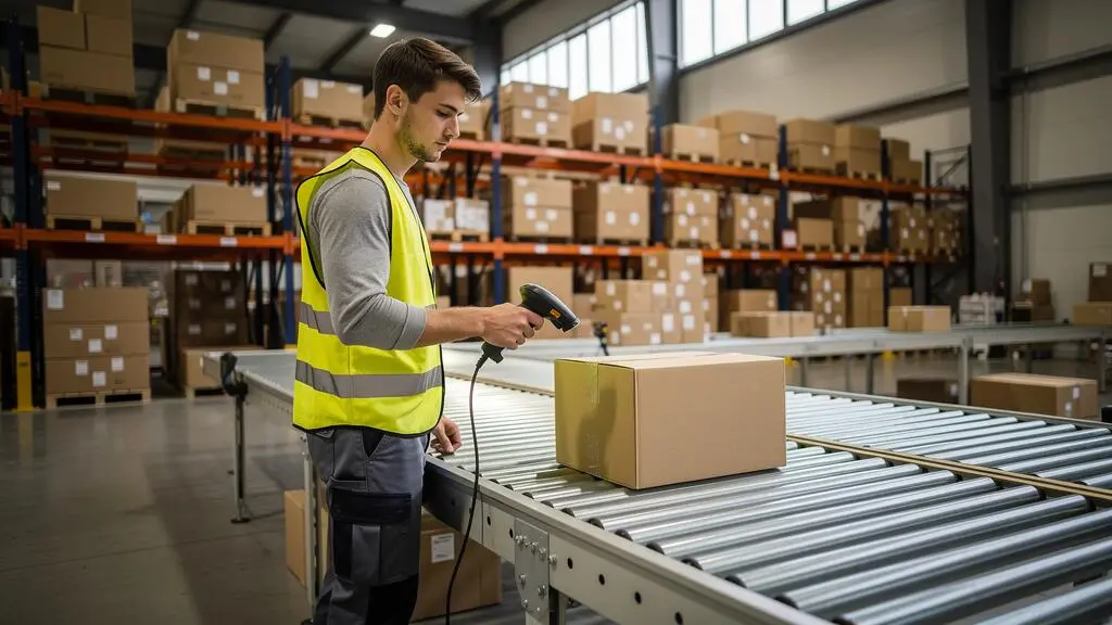 Un candidat en mission d'intérim scannant des colis dans un entrepôt logistique avec un lecteur de codes-barres.