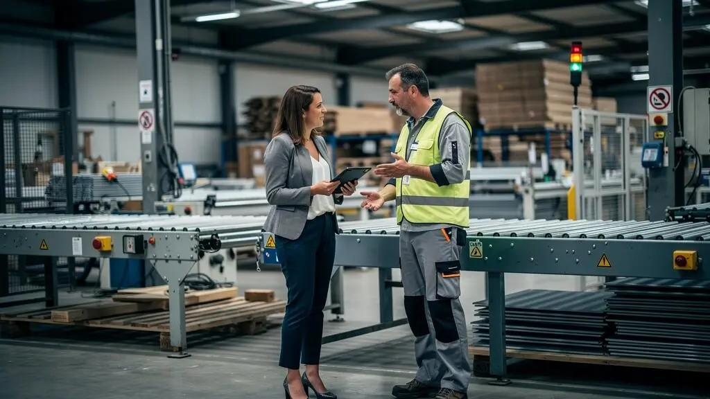 Une conseillère d'agence d'intérim discutant avec un responsable d'équipe dans un atelier de production industriel.